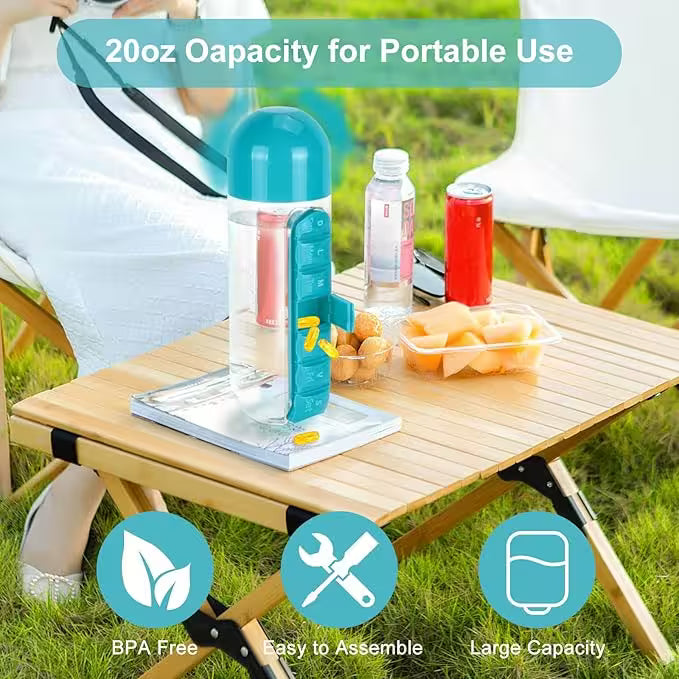 2 in 1 Water Bottle With Pill Organizer – 600ml